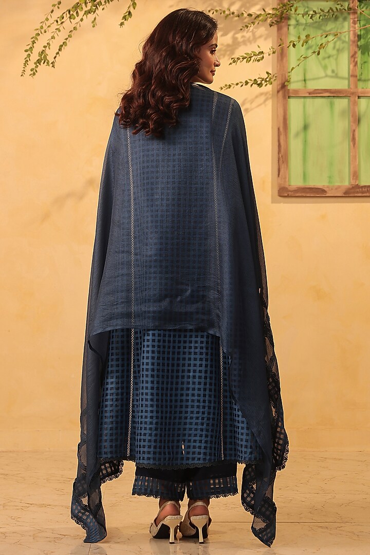 Dark Blue Silk Chanderi Applique & Resham Embroidered Kalidar Kurta Set by Niti Bothra at Pernia's Pop Up Shop
