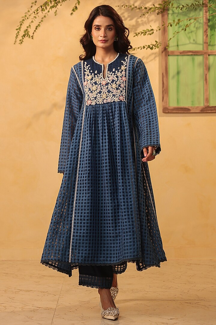 Dark Blue Silk Chanderi Applique & Resham Embroidered Kalidar Kurta Set by Niti Bothra at Pernia's Pop Up Shop