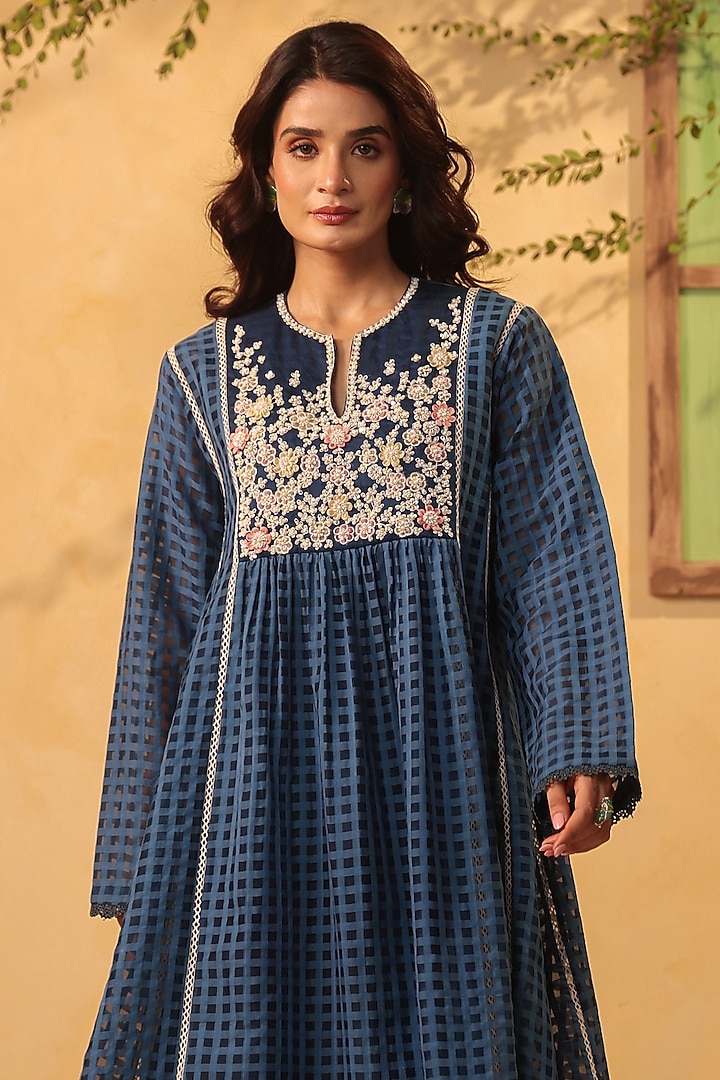 Dark Blue Silk Chanderi Applique & Resham Embroidered Kalidar Kurta Set by Niti Bothra at Pernia's Pop Up Shop