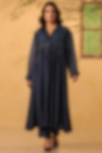 Dark Blue Silk Chanderi & Silk Tencel Kurta Set by Niti Bothra at Pernia's Pop Up Shop