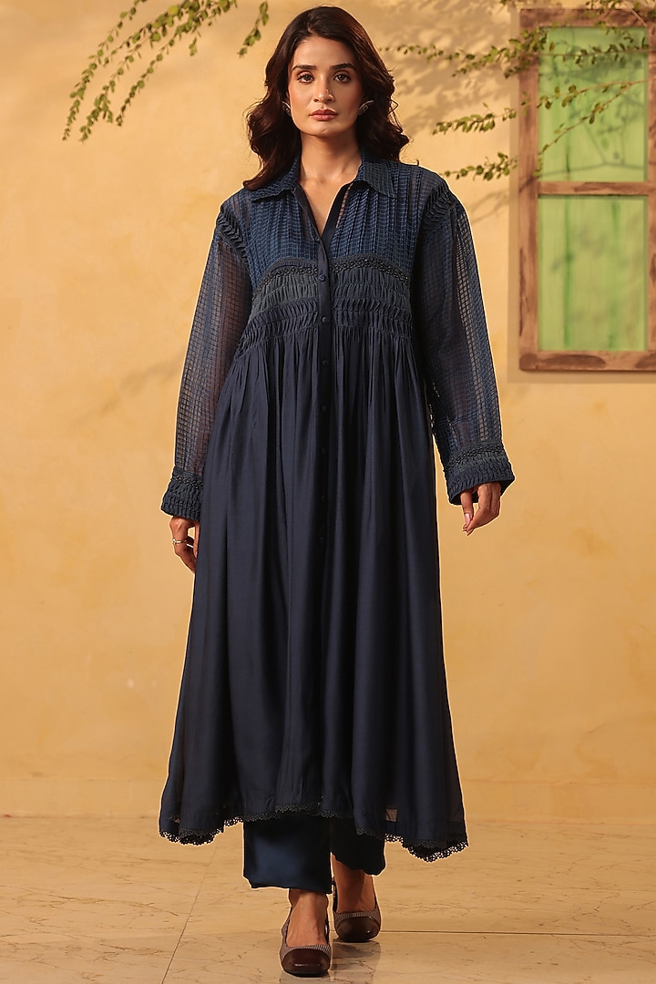 Dark Blue Silk Chanderi & Silk Tencel Kurta Set by Niti Bothra at Pernia's Pop Up Shop