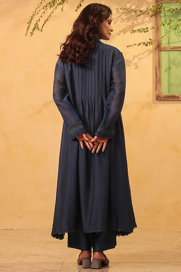 Dark Blue Silk Chanderi & Silk Tencel Kurta Set by Niti Bothra at Pernia's Pop Up Shop
