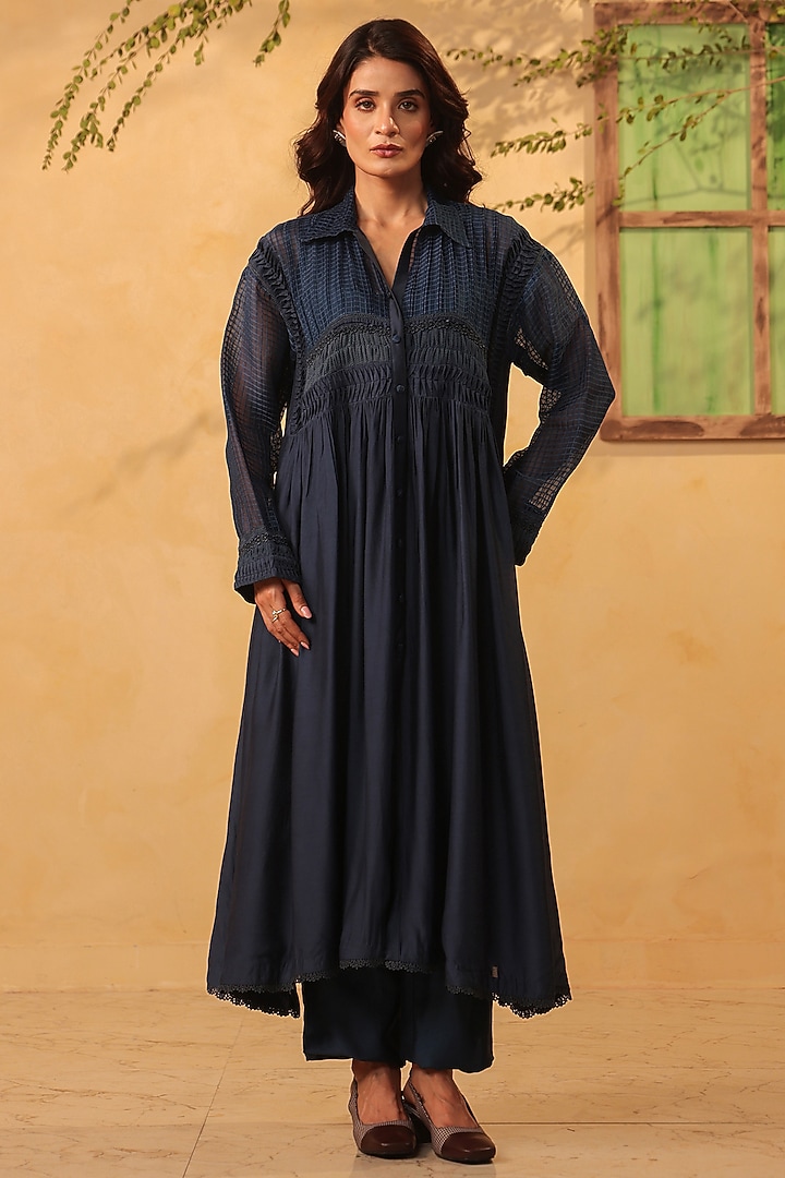 Dark Blue Silk Chanderi & Silk Tencel Kurta Set by Niti Bothra at Pernia's Pop Up Shop