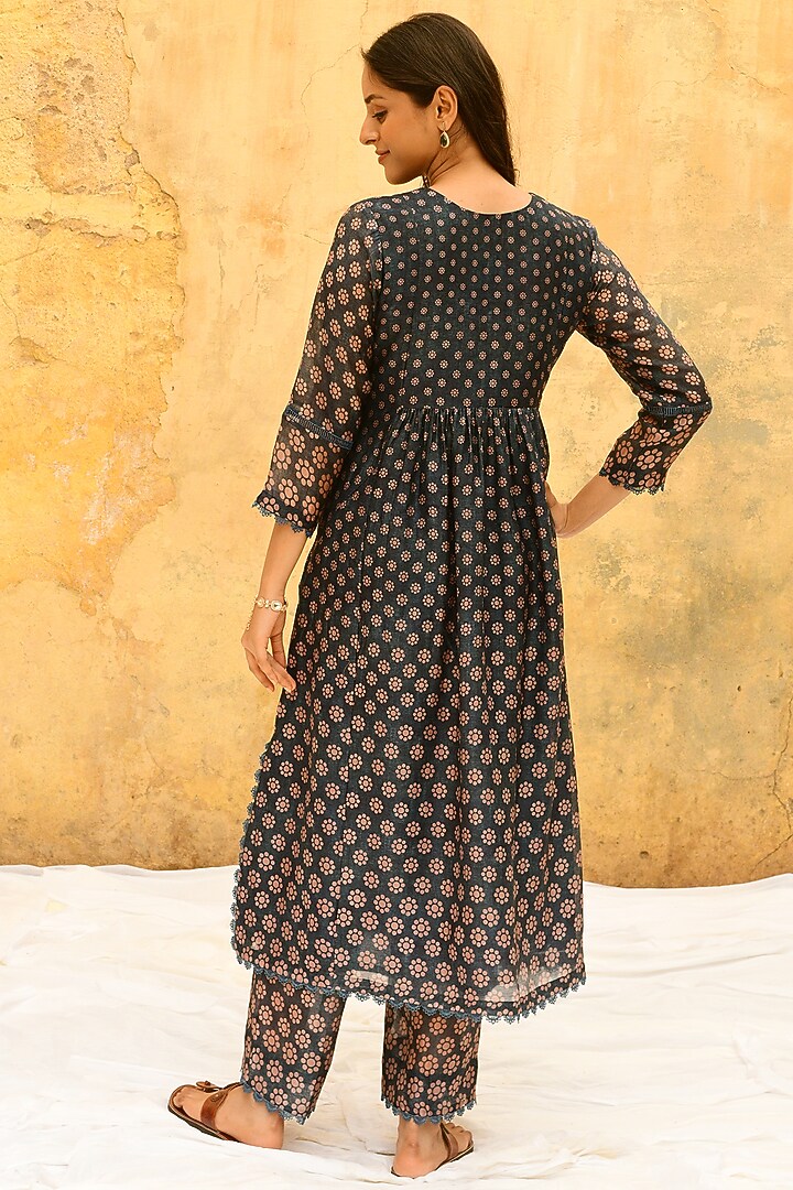 Blue Pure Handwoven Banarasi Silk Printed & Embroidered Kurta Set by Niti Bothra at Pernia's Pop Up Shop