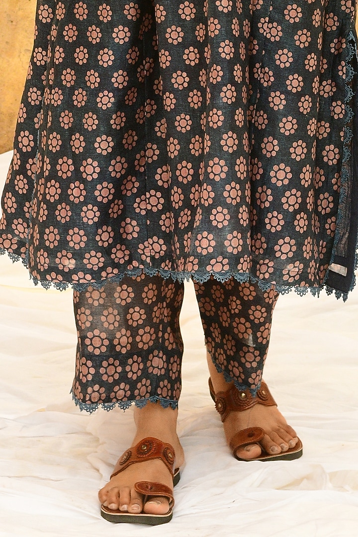 Blue Pure Handwoven Banarasi Silk Printed & Embroidered Kurta Set by Niti Bothra at Pernia's Pop Up Shop