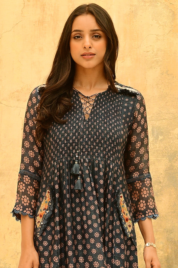 Blue Pure Handwoven Banarasi Silk Printed & Embroidered Kurta Set by Niti Bothra at Pernia's Pop Up Shop