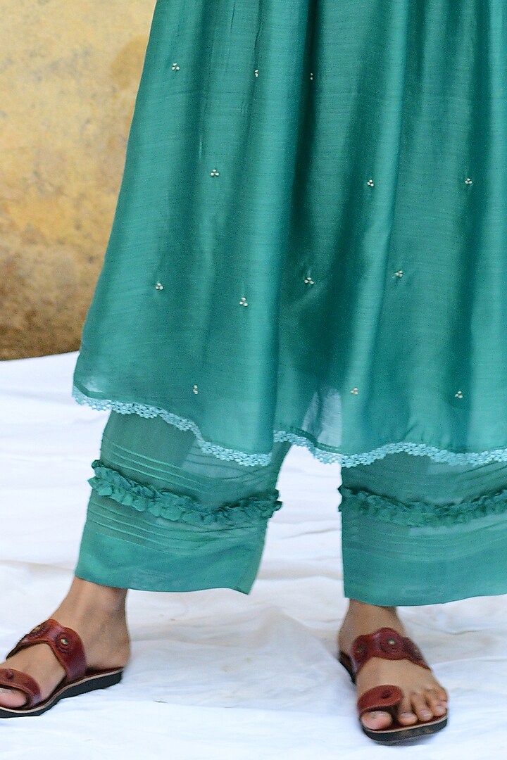 Teal Blue Pure Handwoven Banarasi & Bemberg Embroidered Kurta Set by Niti Bothra at Pernia's Pop Up Shop