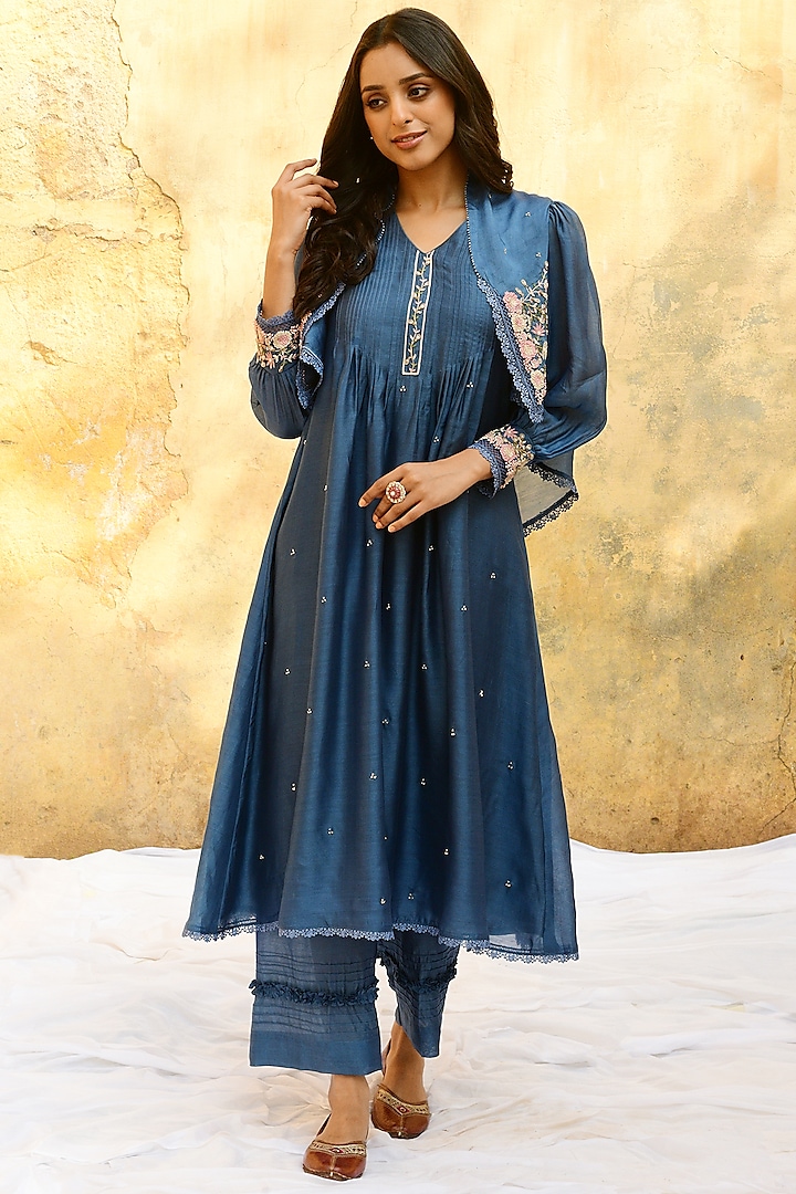 Jean Blue Pure Handwoven Banarasi & Bemberg Embroidered Kurta Set by Niti Bothra at Pernia's Pop Up Shop