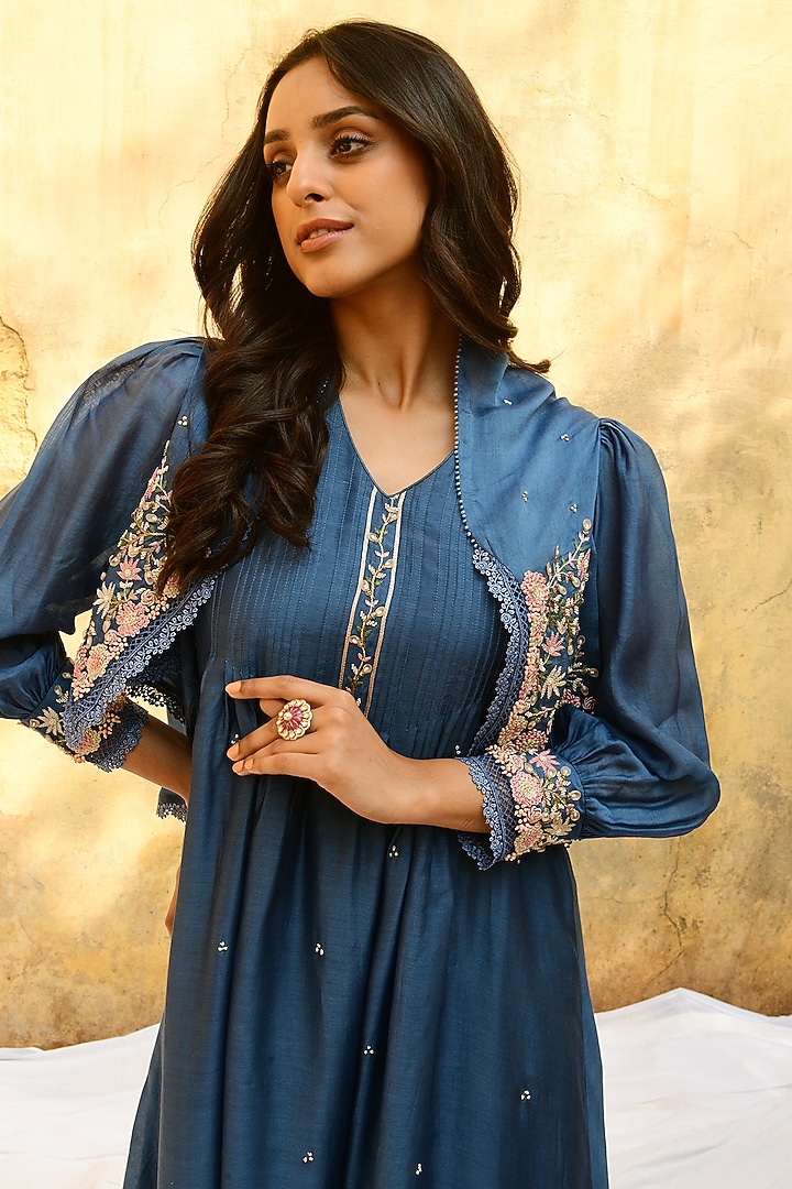 Jean Blue Pure Handwoven Banarasi & Bemberg Embroidered Kurta Set by Niti Bothra at Pernia's Pop Up Shop