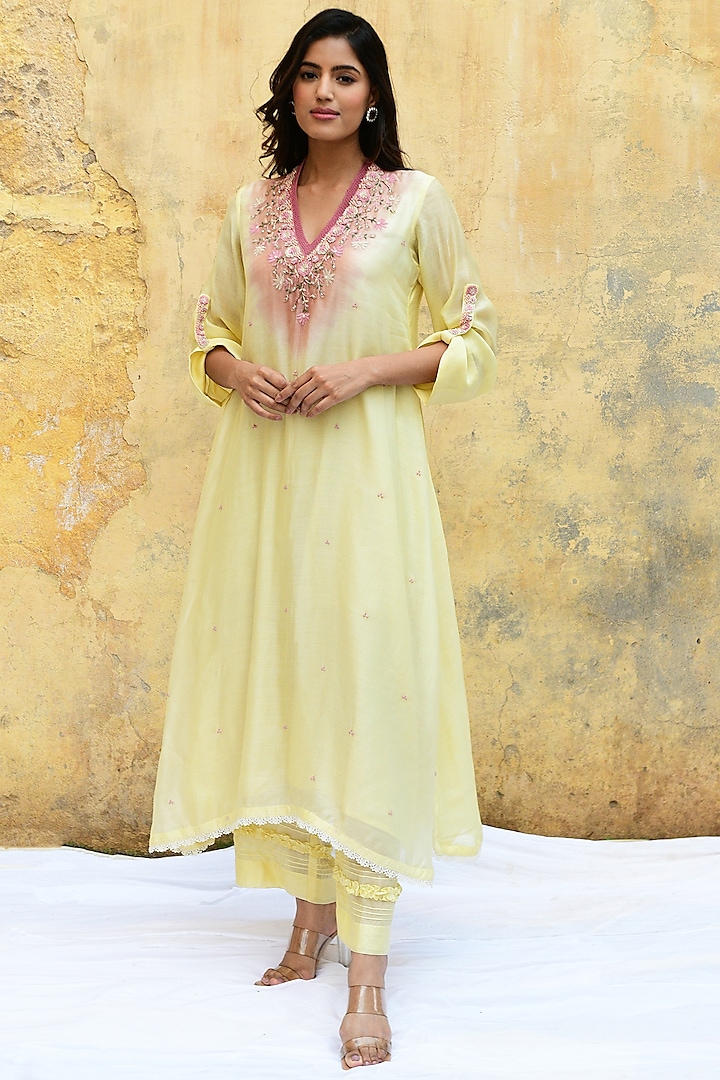 Lemon Yellow Pure Handwoven Banarasi & Bemberg Embroidered Kurta Set ...