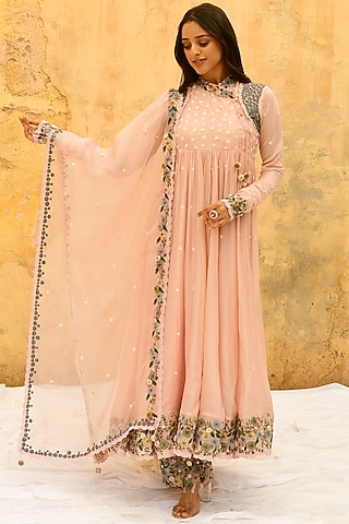 Peach Pure Handwoven Banarasi Silk & Bemberg Embroidered Anarkali Set by Niti Bothra