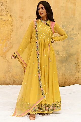 Yellow Pure Handwoven Banarasi Silk & Bemberg Embroidered Anarkali Set by Niti Bothra