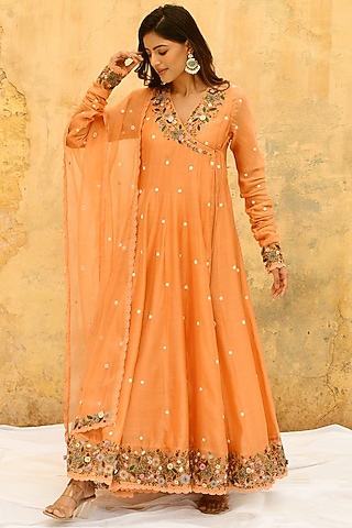 Peach Pure Handwoven Banarasi Silk & Bemberg Embroidered Anarkali Set by Niti Bothra