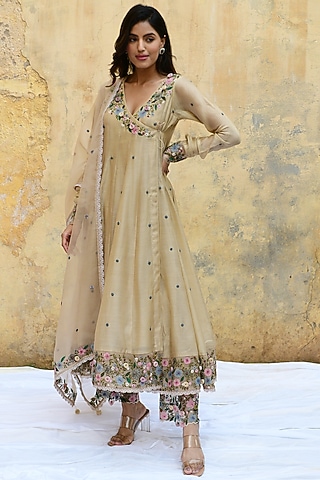 Ivory Beige Pure Handwoven Banarasi Silk & Bemberg Embroidered Anarkali Set by Niti Bothra