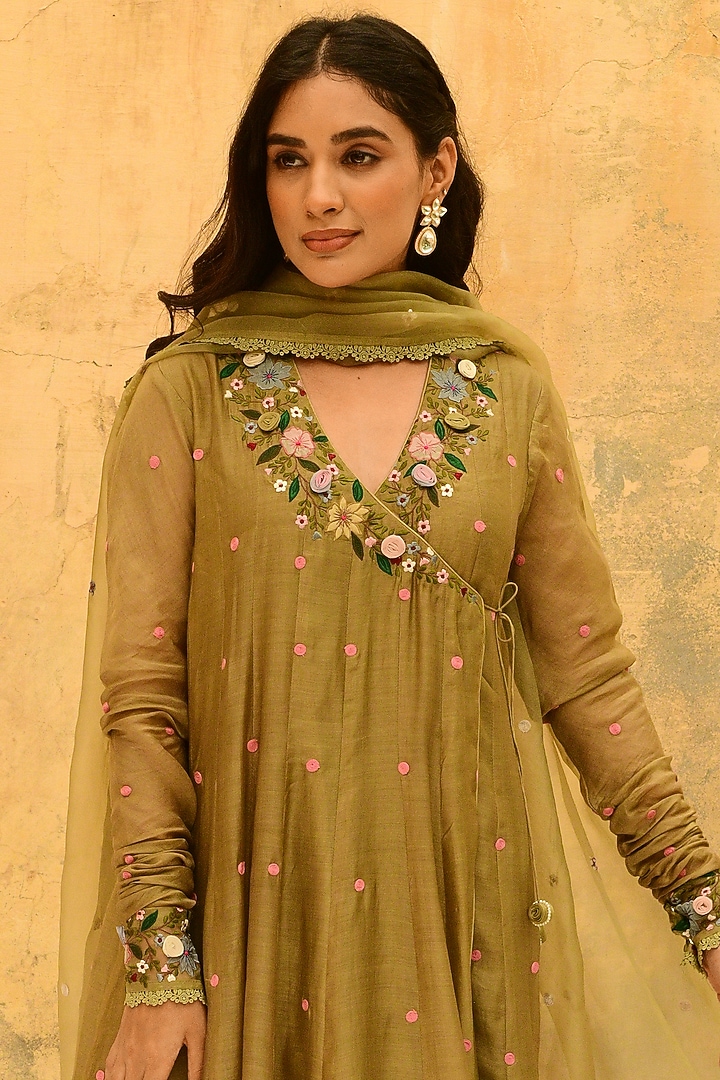 Olive Green Pure Handwoven Banarasi Silk & Bemberg Embroidered Wedding Anarkali Set by Niti Bothra at Pernia's Pop Up Shop