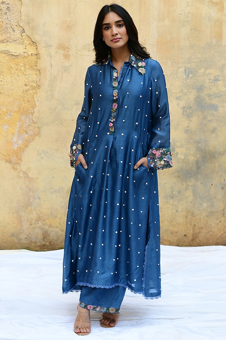 Navy Blue Kurta Art Embroidered Banarasi Silk Aligadhi Pant main image 1
