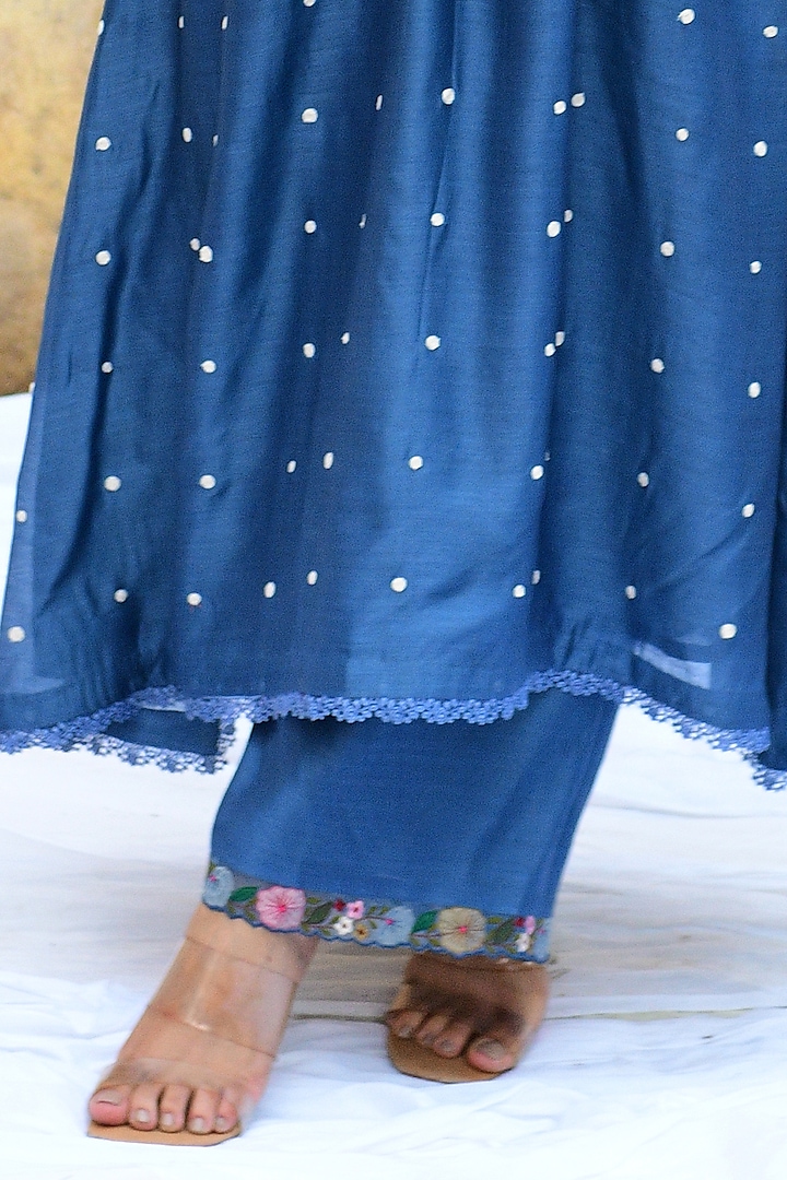 Blue Pure Handwoven Banarasi Silk & Bemberg Embroidered Kurta Set by Niti Bothra at Pernia's Pop Up Shop
