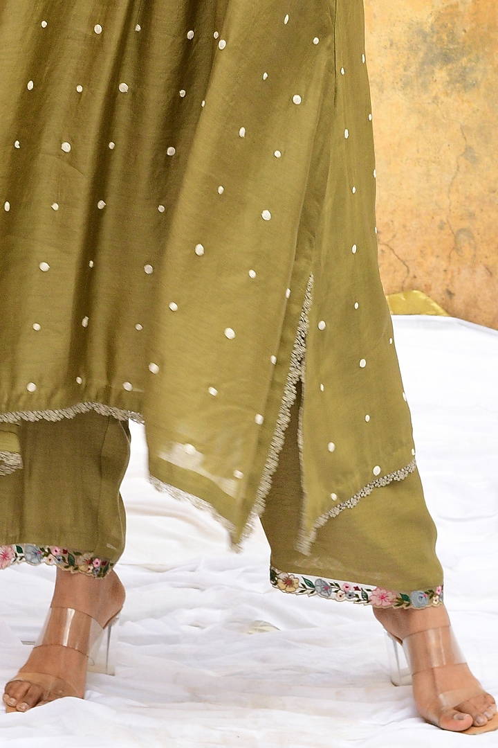 Olive Green Pure Handwoven Banarasi Silk & Bemberg Embroidered Kurta Set by Niti Bothra at Pernia's Pop Up Shop