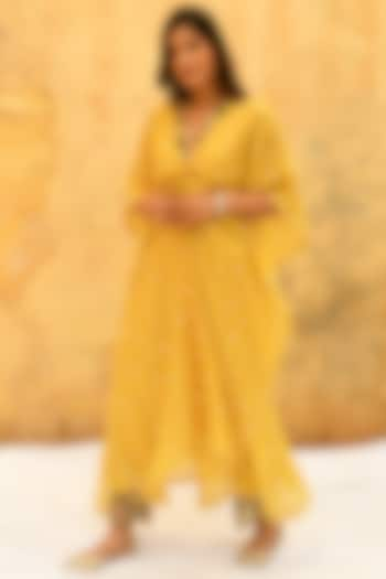 Yellow Pure Handwoven Banarasi Silk & Bemberg Embroidered Kaftan Set by Niti Bothra at Pernia's Pop Up Shop