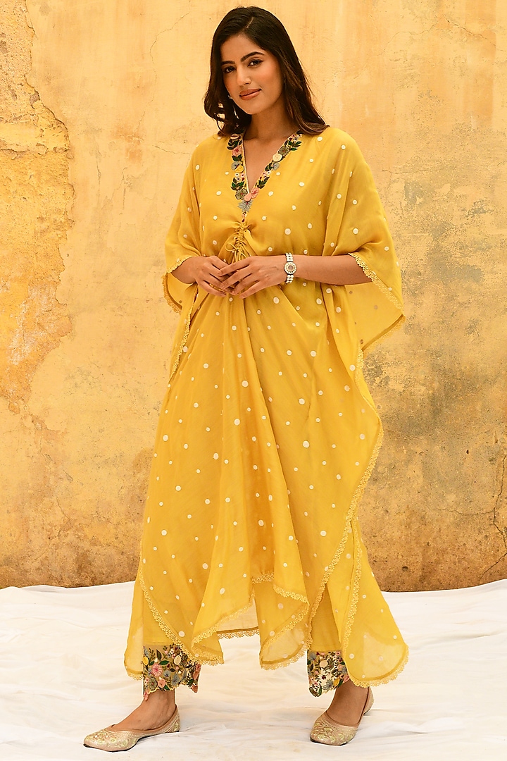 Yellow Pure Handwoven Banarasi Silk & Bemberg Embroidered Kaftan Set by Niti Bothra at Pernia's Pop Up Shop