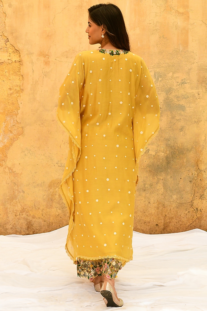 Yellow Pure Handwoven Banarasi Silk & Bemberg Embroidered Kaftan Set by Niti Bothra at Pernia's Pop Up Shop