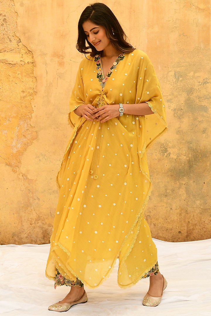 Yellow Pure Handwoven Banarasi Silk & Bemberg Embroidered Kaftan Set by Niti Bothra at Pernia's Pop Up Shop