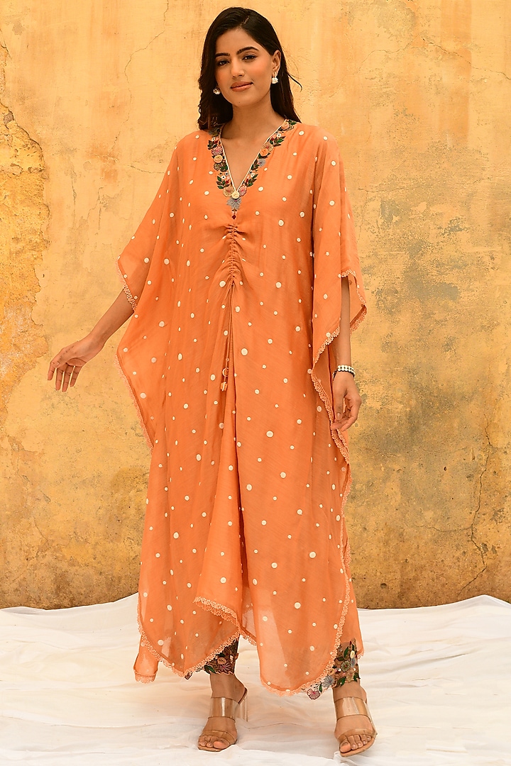 Peach Pure Handwoven Banarasi Silk & Bemberg Embroidered Kaftan Set by Niti Bothra at Pernia's Pop Up Shop