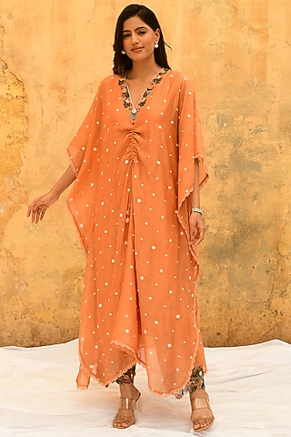 Peach Pure Handwoven Banarasi Silk & Bemberg Embroidered Kaftan Set by Niti Bothra