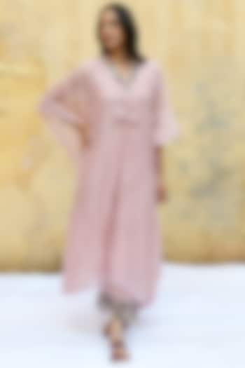 Pink Pure Handwoven Banarasi Silk & Bemberg Embroidered Kaftan Set by Niti Bothra at Pernia's Pop Up Shop