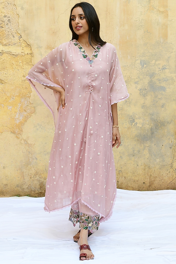 Pink Pure Handwoven Banarasi Silk & Bemberg Embroidered Kaftan Set by Niti Bothra at Pernia's Pop Up Shop