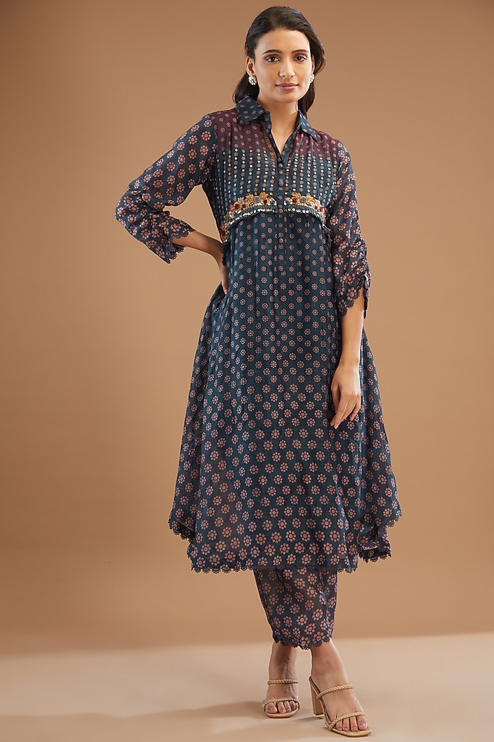 Blue Pure Handwoven Banarasi Silk & Bemberg Printed Kurta Set by Niti Bothra at Pernia's Pop Up Shop