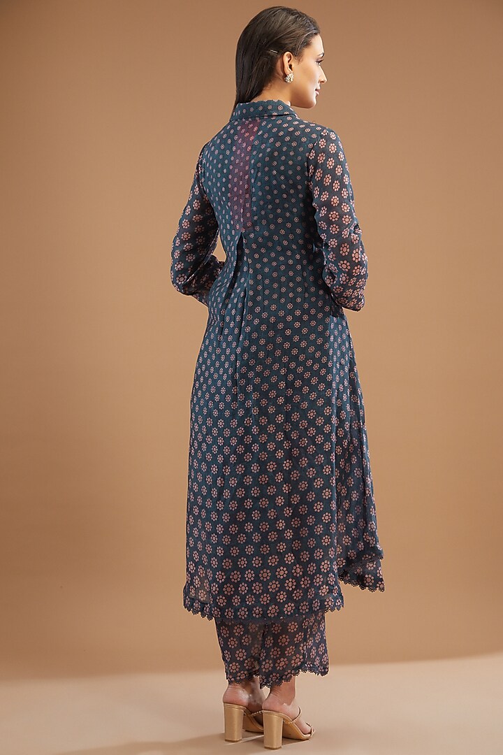 Blue Pure Handwoven Banarasi Silk & Bemberg Printed Kurta Set by Niti Bothra at Pernia's Pop Up Shop
