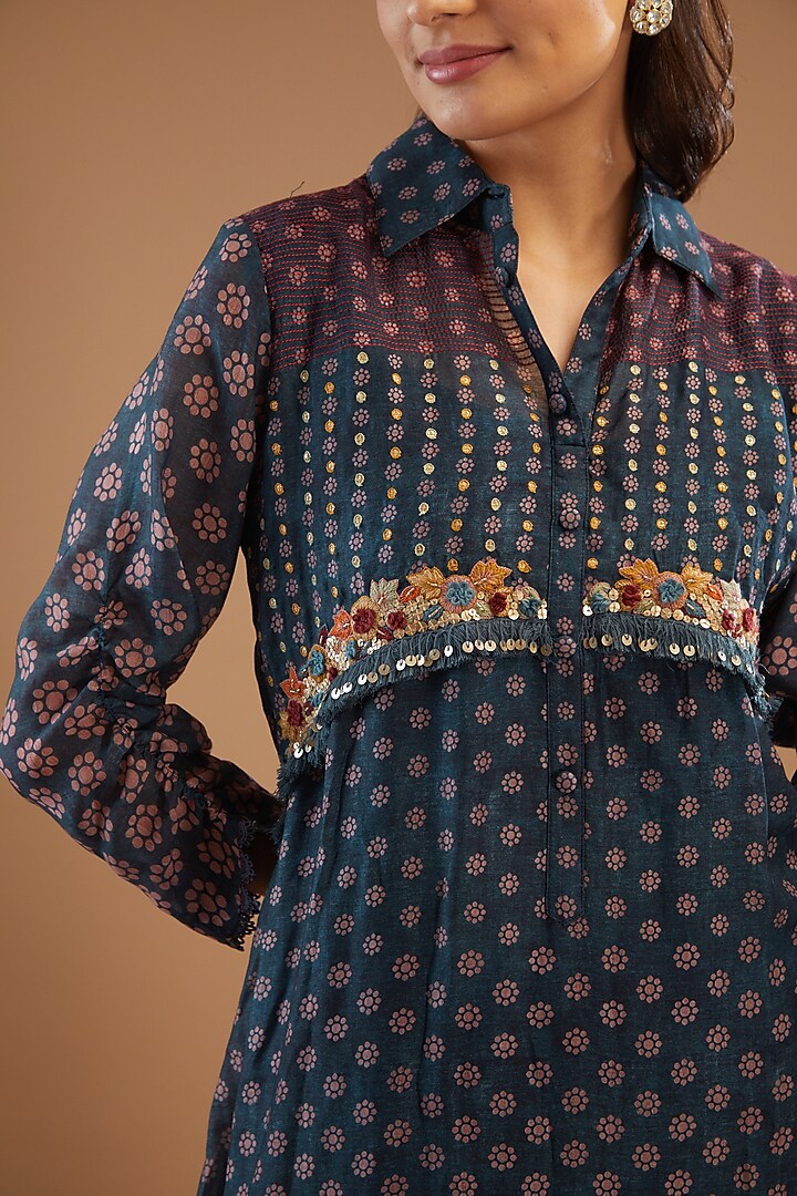 Blue Pure Handwoven Banarasi Silk & Bemberg Printed Kurta Set by Niti Bothra at Pernia's Pop Up Shop