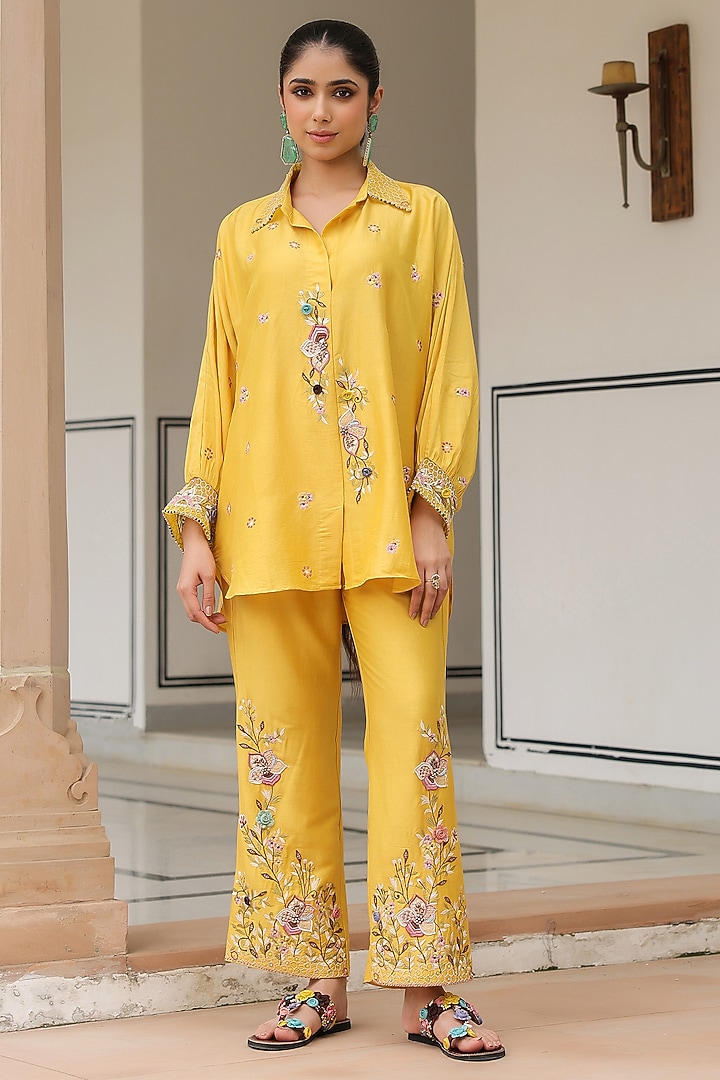 Yellow Silk Tencel 3D Floral Embroidered Co-Ord Set by Niti Bothra at Pernia's Pop Up Shop