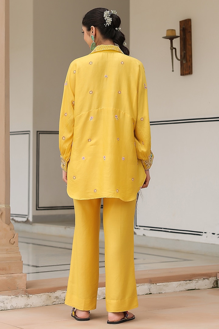 Yellow Silk Tencel 3D Floral Embroidered Co-Ord Set by Niti Bothra at Pernia's Pop Up Shop