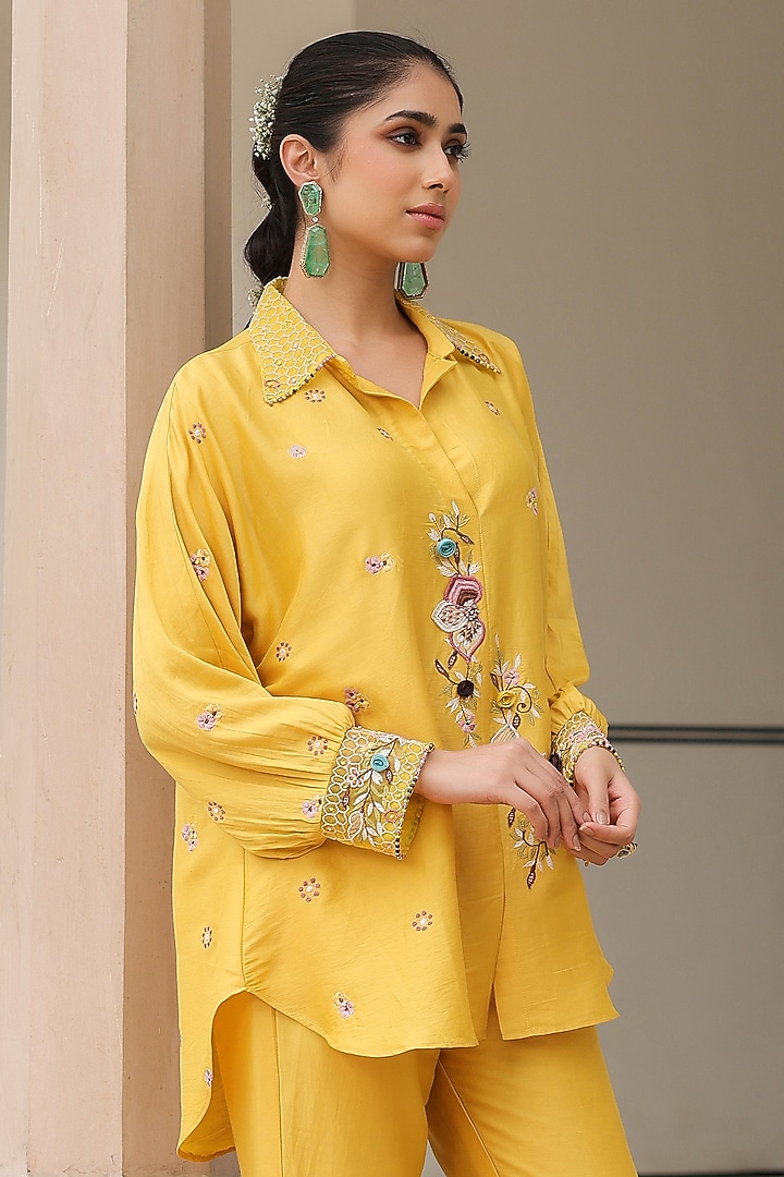 Yellow Silk Tencel 3D Floral Embroidered Co-Ord Set by Niti Bothra at Pernia's Pop Up Shop