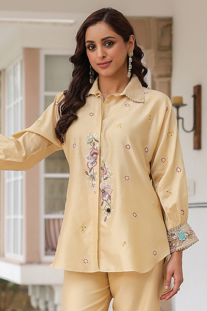 Ivory Silk Tencel 3D Floral Embroidered Co-Ord Set by Niti Bothra at Pernia's Pop Up Shop