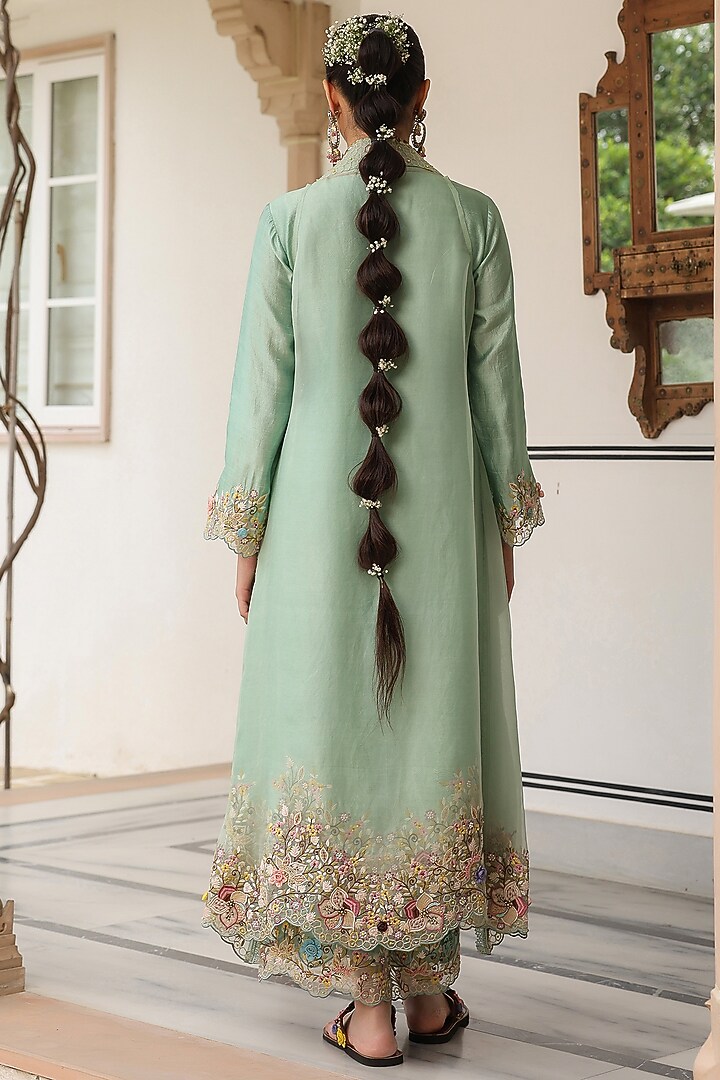 Green Silk Chanderi 3D Floral Embroidered Jacket Kurta Set by Niti Bothra at Pernia's Pop Up Shop