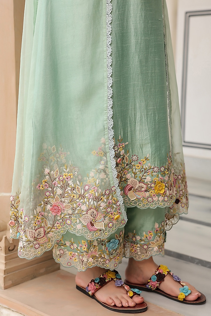 Green Silk Chanderi 3D Floral Embroidered Jacket Kurta Set by Niti Bothra at Pernia's Pop Up Shop