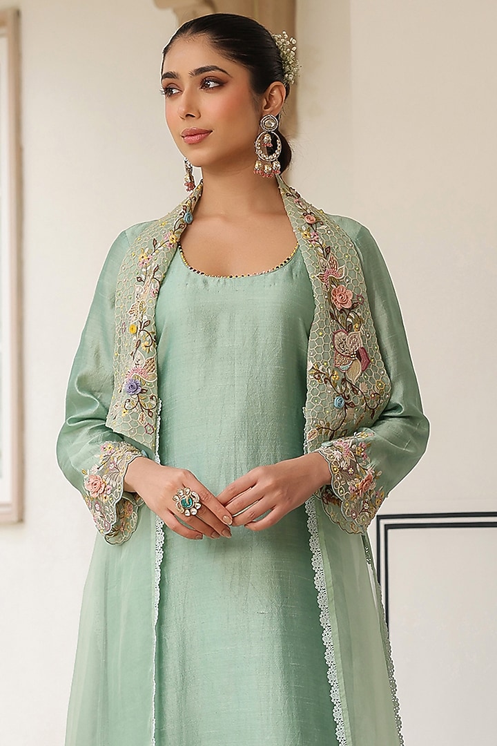 Green Silk Chanderi 3D Floral Embroidered Jacket Kurta Set by Niti Bothra at Pernia's Pop Up Shop