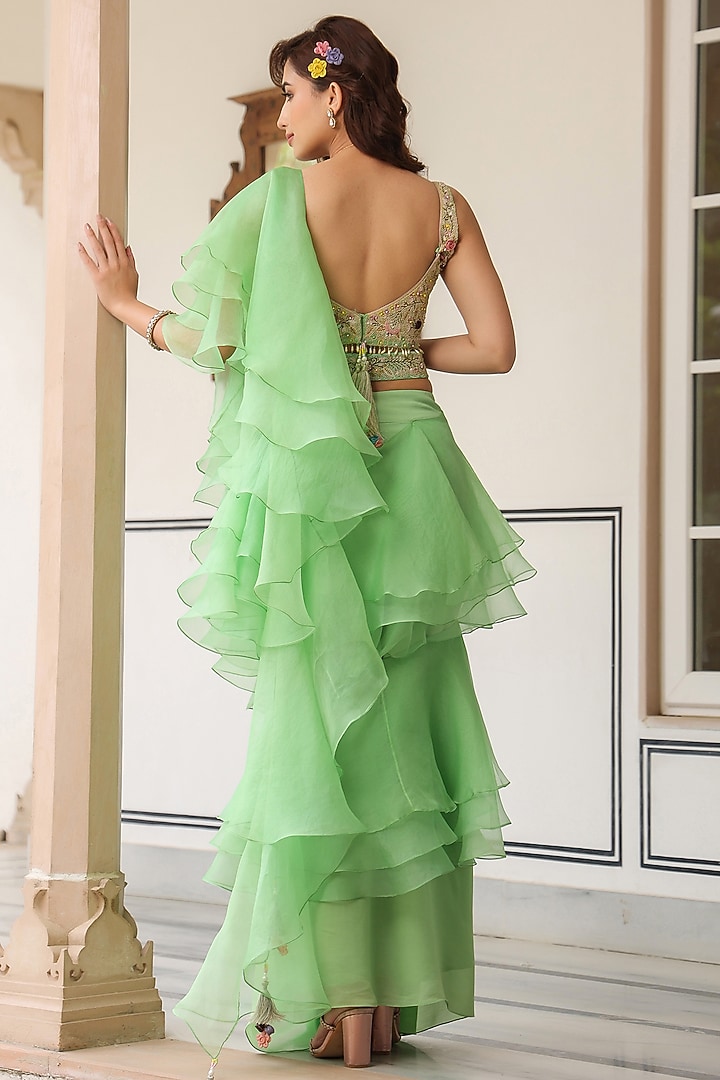 Mint Green Organza Pre-Draped Ruffled Wedding Saree Set by Niti Bothra at Pernia's Pop Up Shop