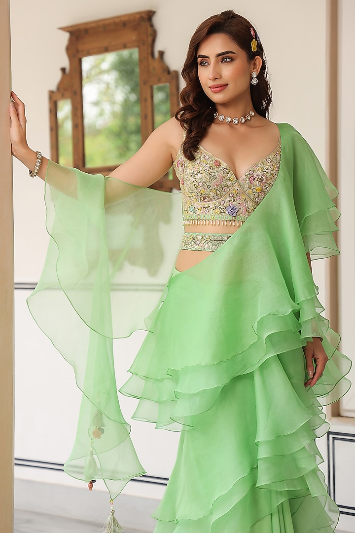 Mint Green Organza Pre-Draped Ruffled Wedding Saree Set by Niti Bothra at Pernia's Pop Up Shop