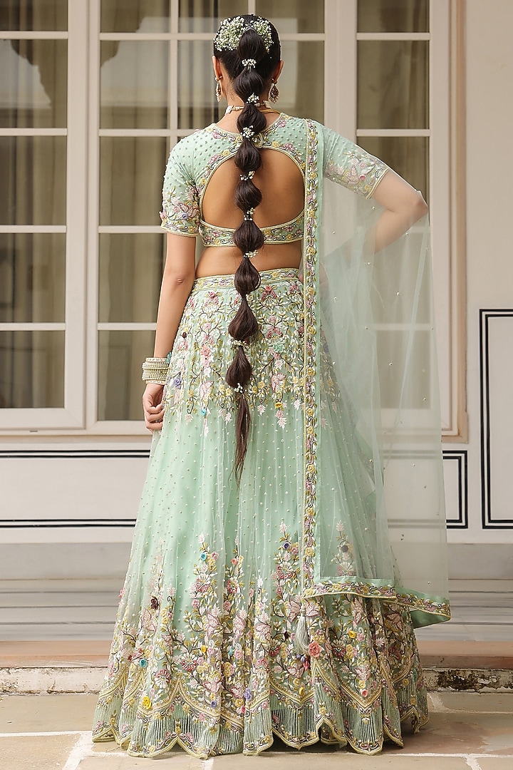 Sea Green Net Cutdana & Beads Embroidered Bridal Lehenga Set by Niti Bothra at Pernia's Pop Up Shop