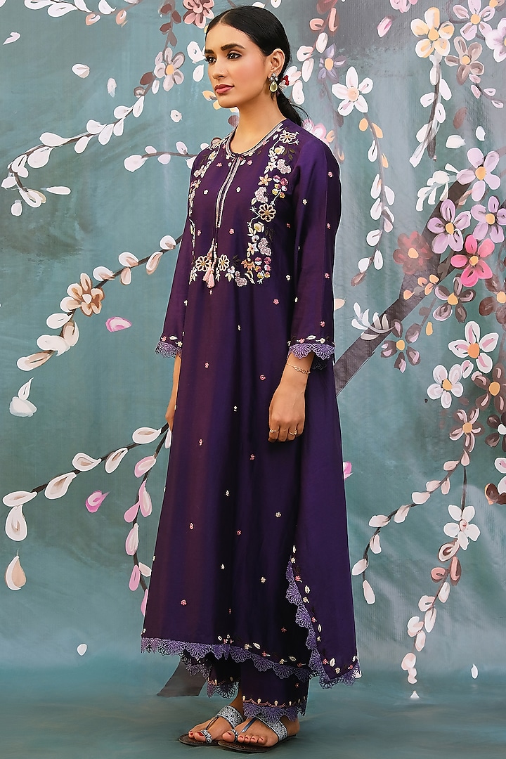 Purple Chanderi Silk Kurta Set by Niti Bothra