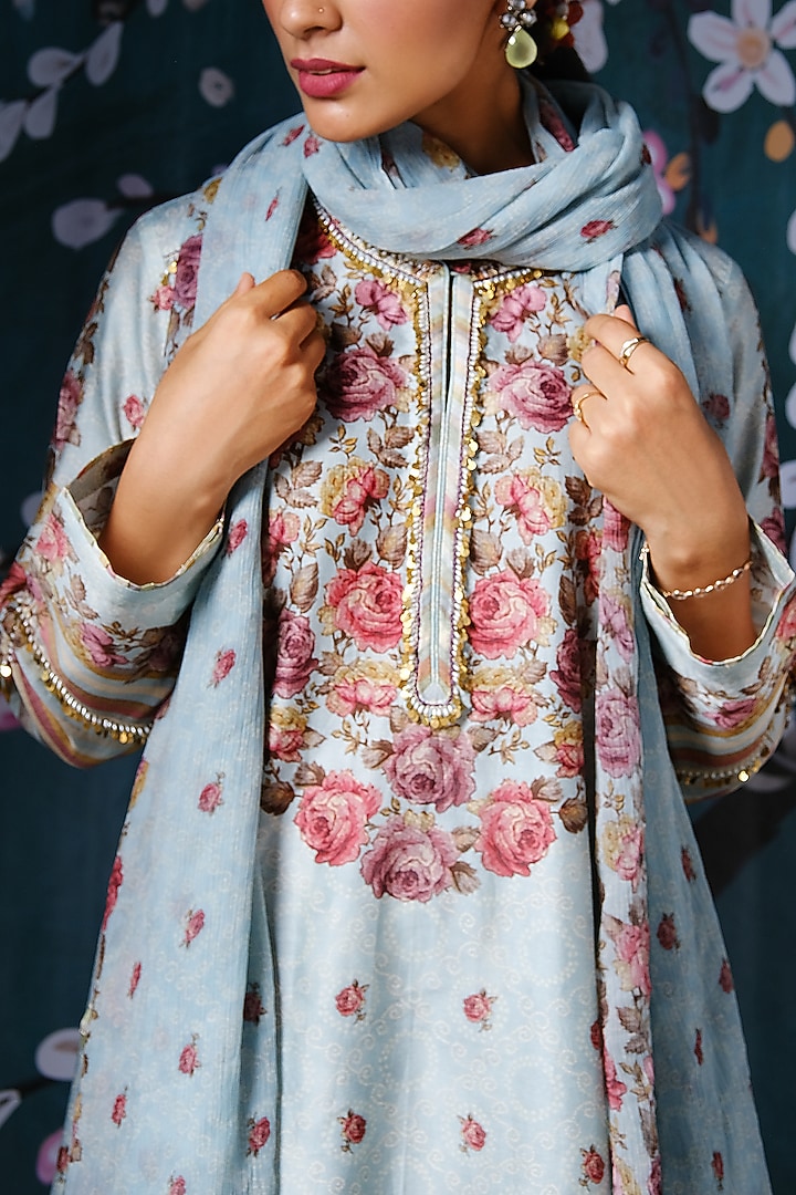 Light Blue Persian Printed Kurta Set by Niti Bothra at Pernia's Pop Up Shop