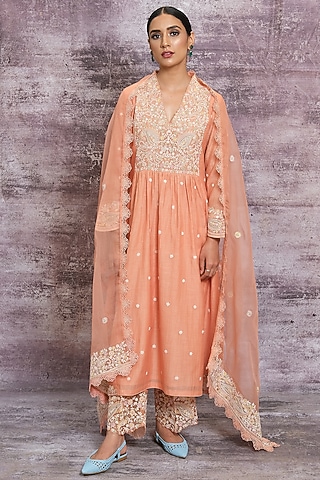 Peach Embroidered Kurta Set by Niti Bothra