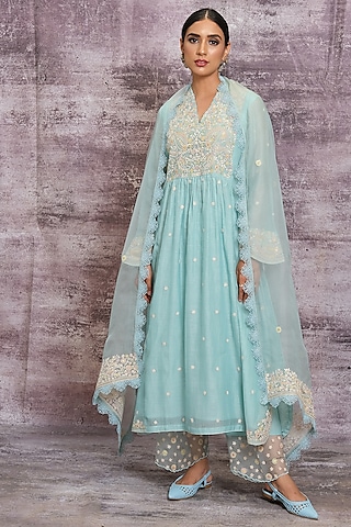 Light Blue Embroidered Kurta Set by Niti Bothra