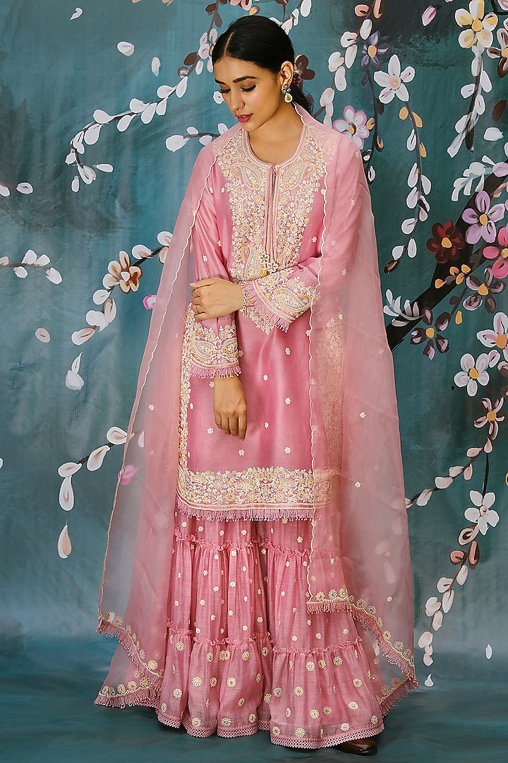 Pink Chanderi Embroidered Sharara Set by Niti Bothra
