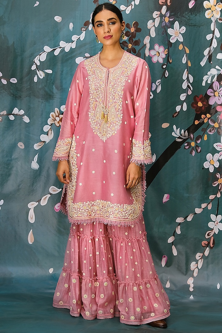 Pink Chanderi Embroidered Wedding Sharara Set by Niti Bothra at Pernia's Pop Up Shop