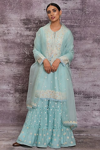 Light Blue Chanderi Embroidered Sharara Set by Niti Bothra